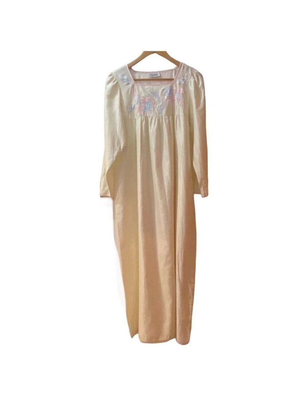 Vintage Natori long nightie yellow butter long sleeve embroidery blue pink mediu